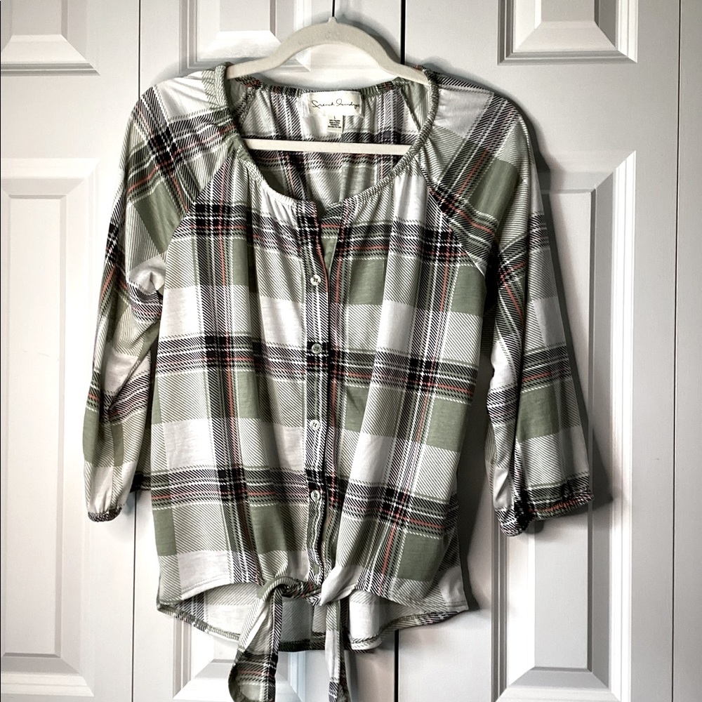 French Laundry Green Plaid  Tie Front Top preowned